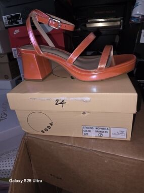 Soda Orange Patent Strappy Block Heel Sandals. Sold Out. New. 1.5 heel. 7.5